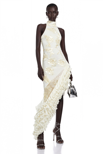 Théoline Neutral Asymmetrical Ruffled Floral Midi Dress
