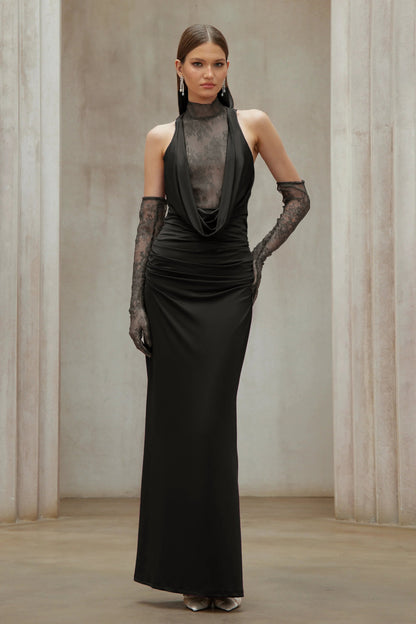Borbála Black Lace Bodice Ruched Maxi Dress
