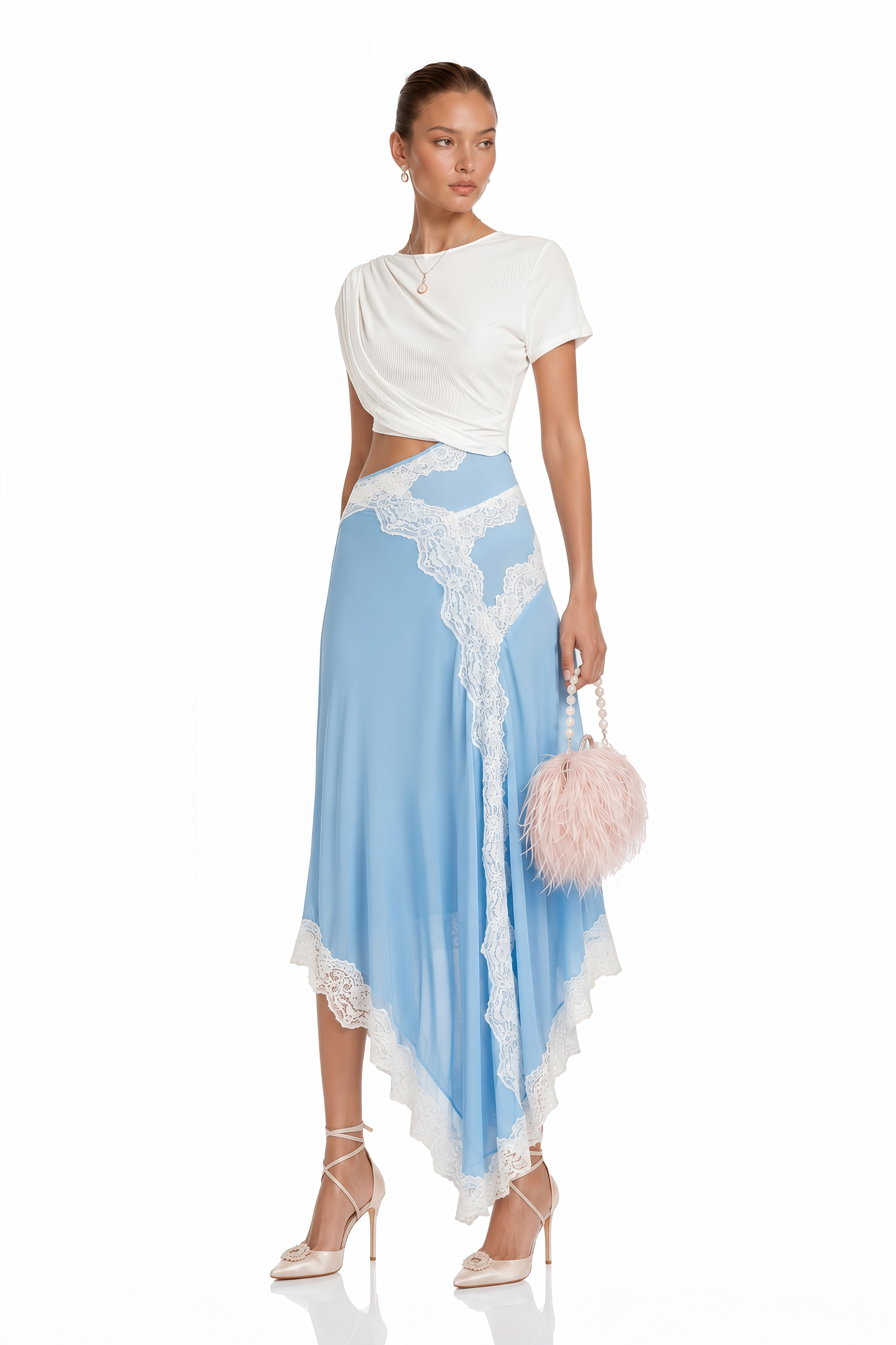 Fiamma Blue Gathered Lace Panel Maxi Dress