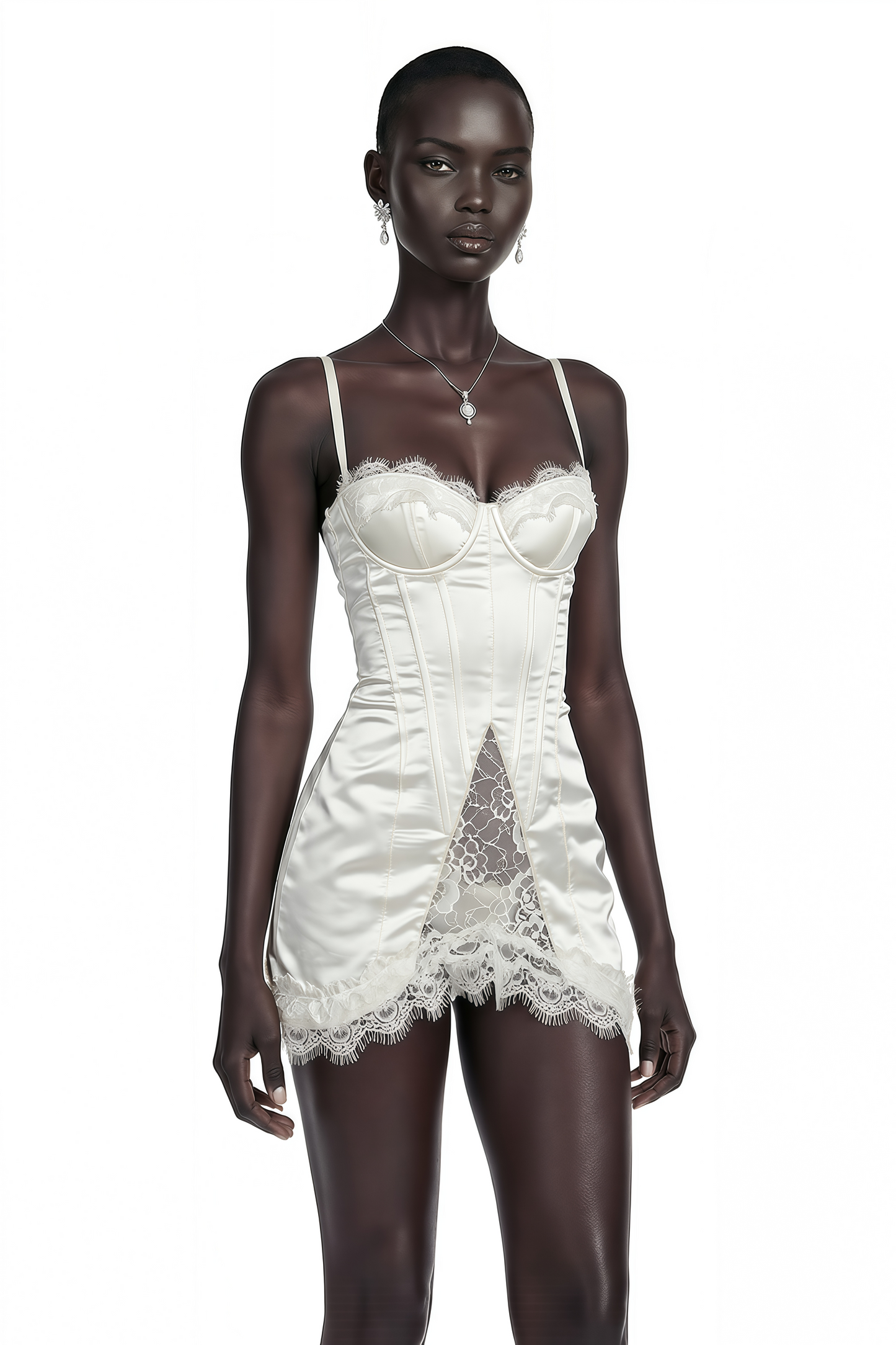 Juliette White Satin Mini Dress with Lace Panels