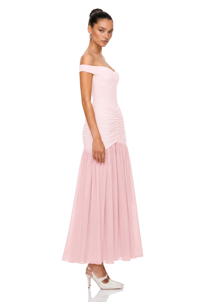 Geneviève Pink Off Shoulder Ruched Maxi Dress