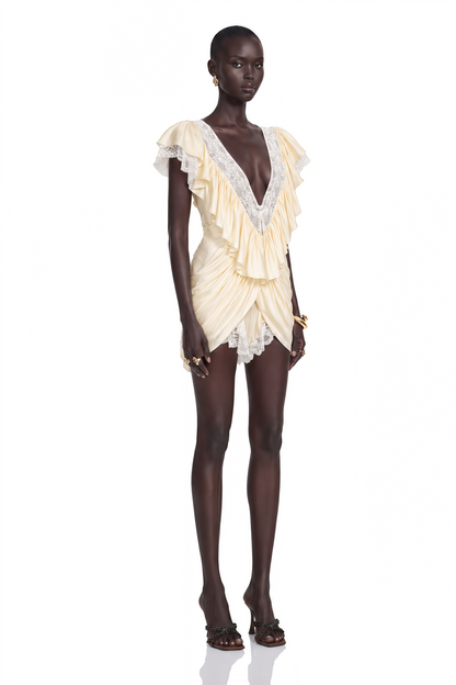Nani Cream Plunge Neck Satin Jumpsuit with Lace Panels