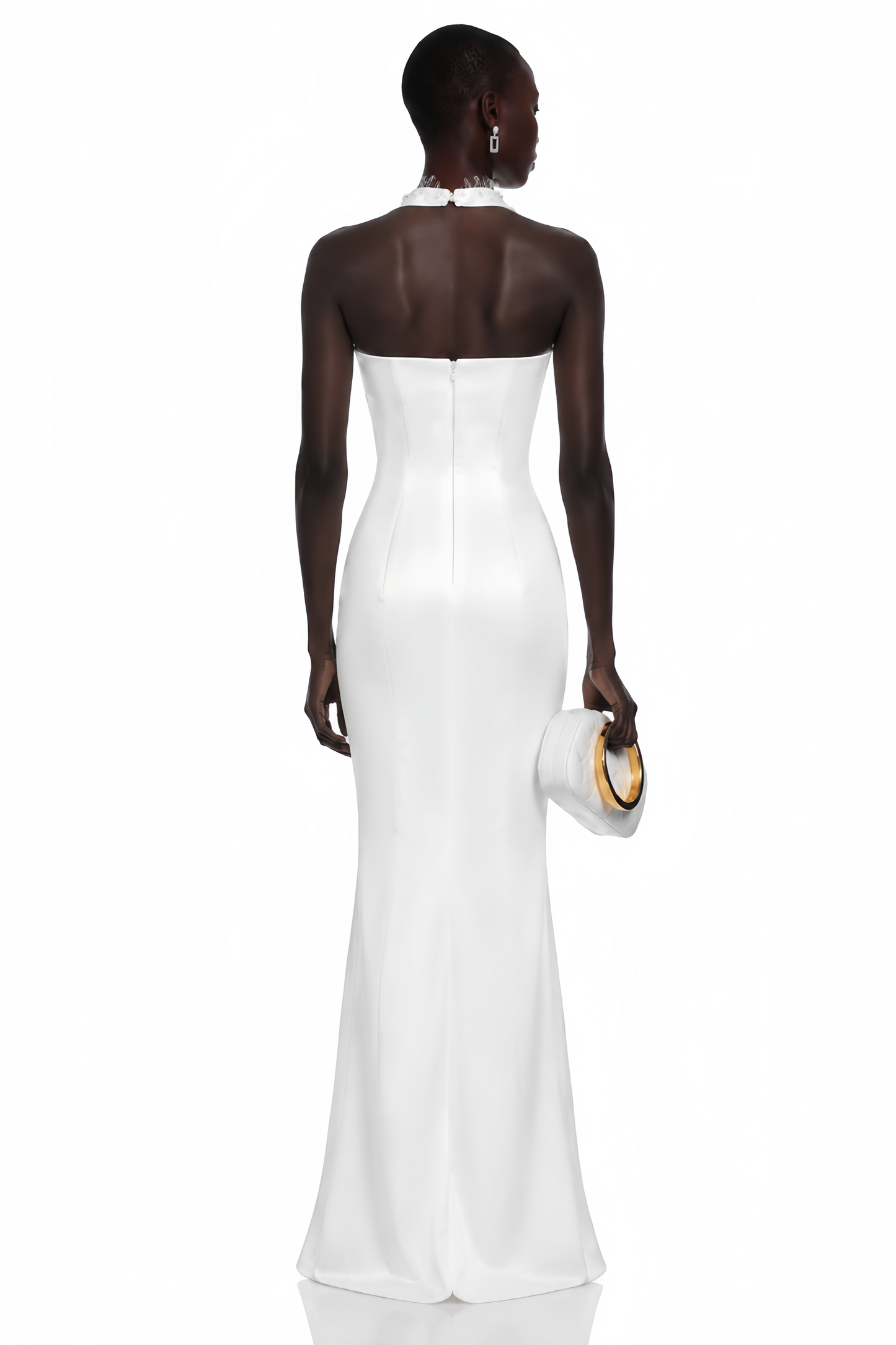 Isabelle White Turtleneck Sequin Ruched Maxi Dress (Without Gloves)