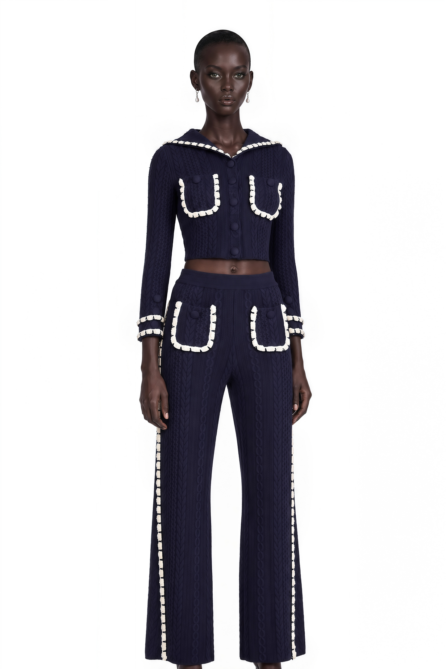 Elvira Navy Blue Crochet-Knit Cardigan & Trousers Matching Set