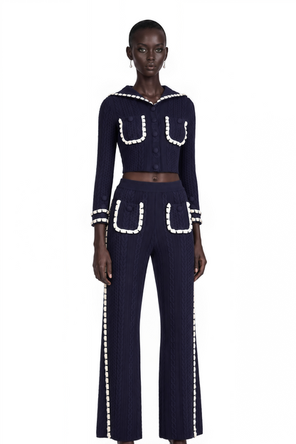 Elvira Navy Blue Crochet-Knit Cardigan & Trousers Matching Set