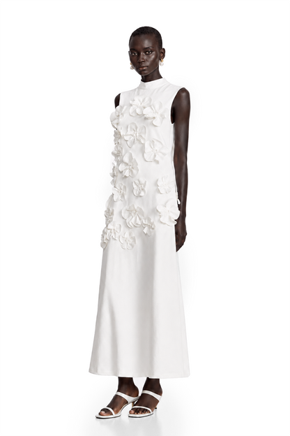 Magali White Sleeveless Maxi Dress with Faux Flower & Bow-Tie Embellishment