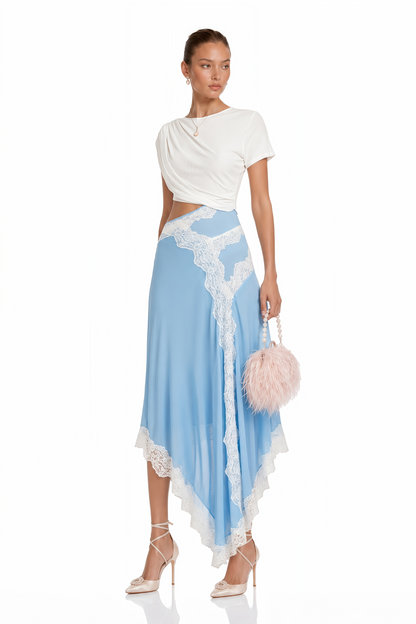 Fiamma Blue Gathered Lace Panel Maxi Dress