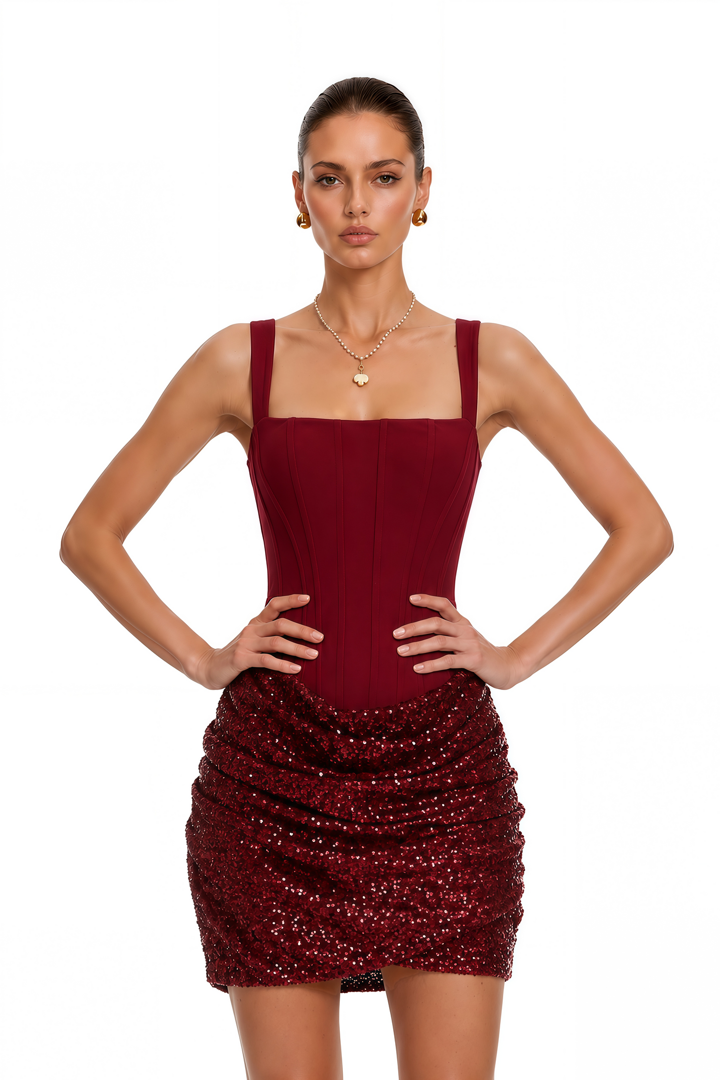 Paulette Red Embellished Ruched Bodycon Mini Dress