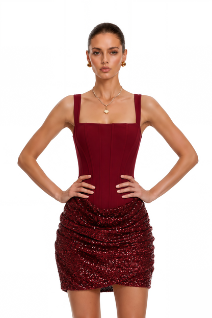 Paulette Red Embellished Ruched Bodycon Mini Dress