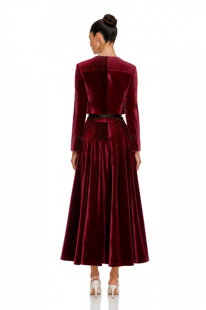 Candela Red Velvet Rhinestone Embellished Jacket & Skirt Set
