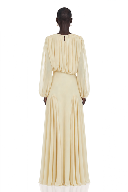 Annabelle Yellow Lantern Sleeve Pleated Maxi Dress