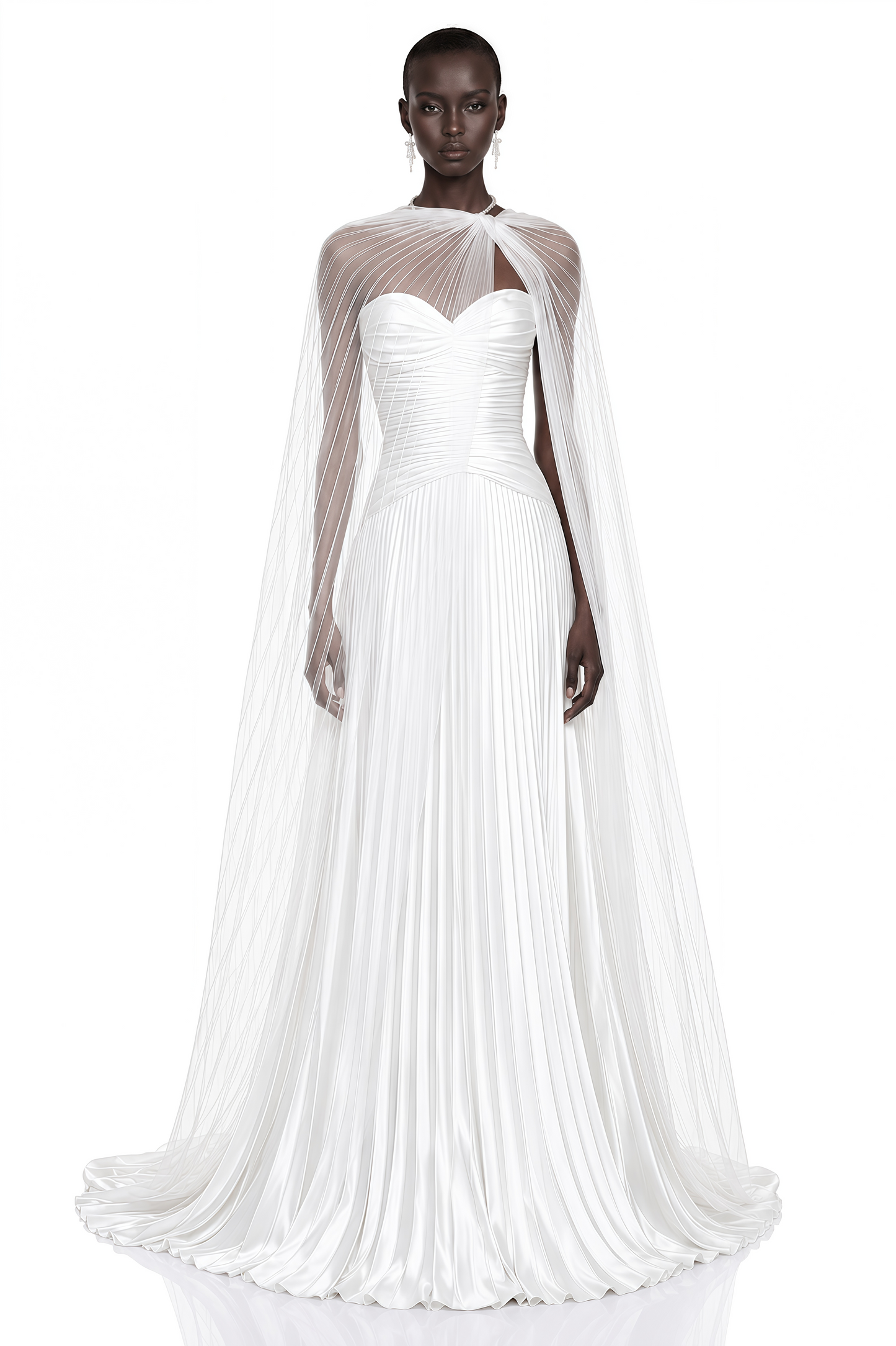 Palesa White Pleated Glossy Maxi Dress & Cape Set
