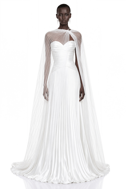 Palesa White Pleated Glossy Maxi Dress & Cape Set
