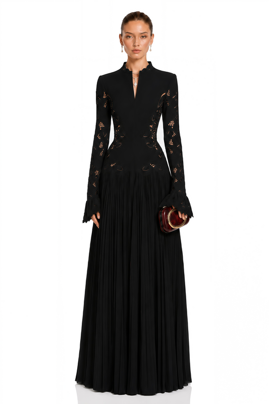 Chiara Black Lace Panel Pleated Midi Dress