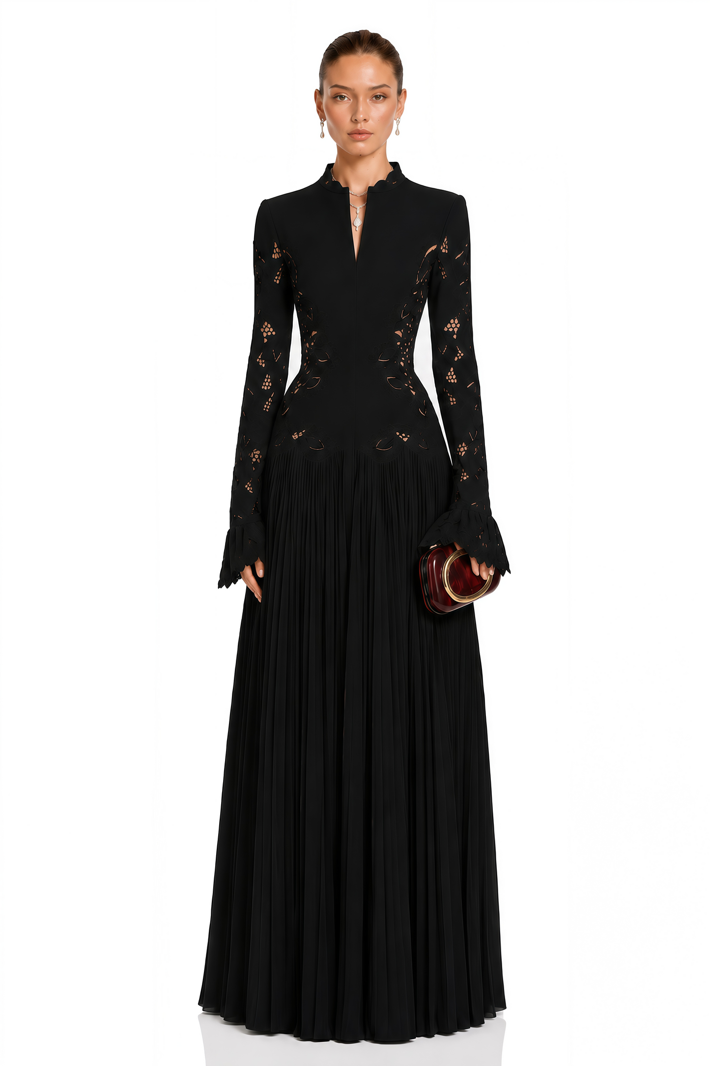 Chiara Black Lace Panel Pleated Midi Dress