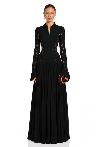 Chiara Black Lace Panel Pleated Midi Dress