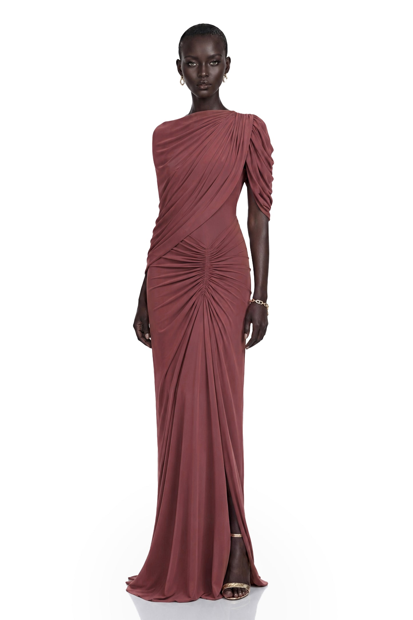 Liliana Brown Asymmetrical Ruched Cape Maxi Dress