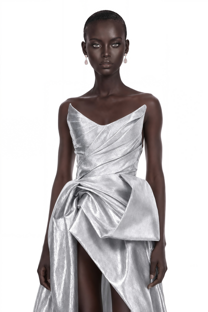 Adina Silver Glossy Asymmetrical Ruched Gown