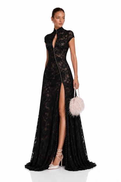 Andrea Black Keyhole Lace Maxi Dress with High Thigh Slit