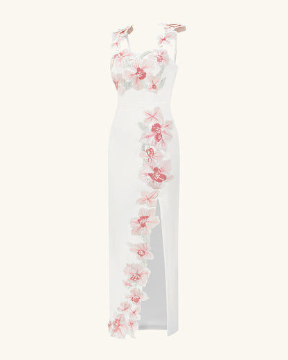 Çiçek Desenli Nakışlı Elbise - White/Pink