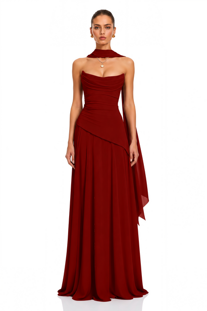 Romane Burgundy Strapless Corset Chiffon Maxi Dress