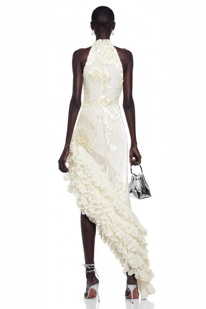 Théoline Neutral Asymmetrical Ruffled Floral Midi Dress