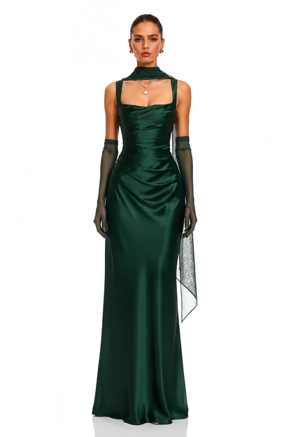 Inmaculada Emerald Ruched Satin Maxi Dress (Without Gloves)
