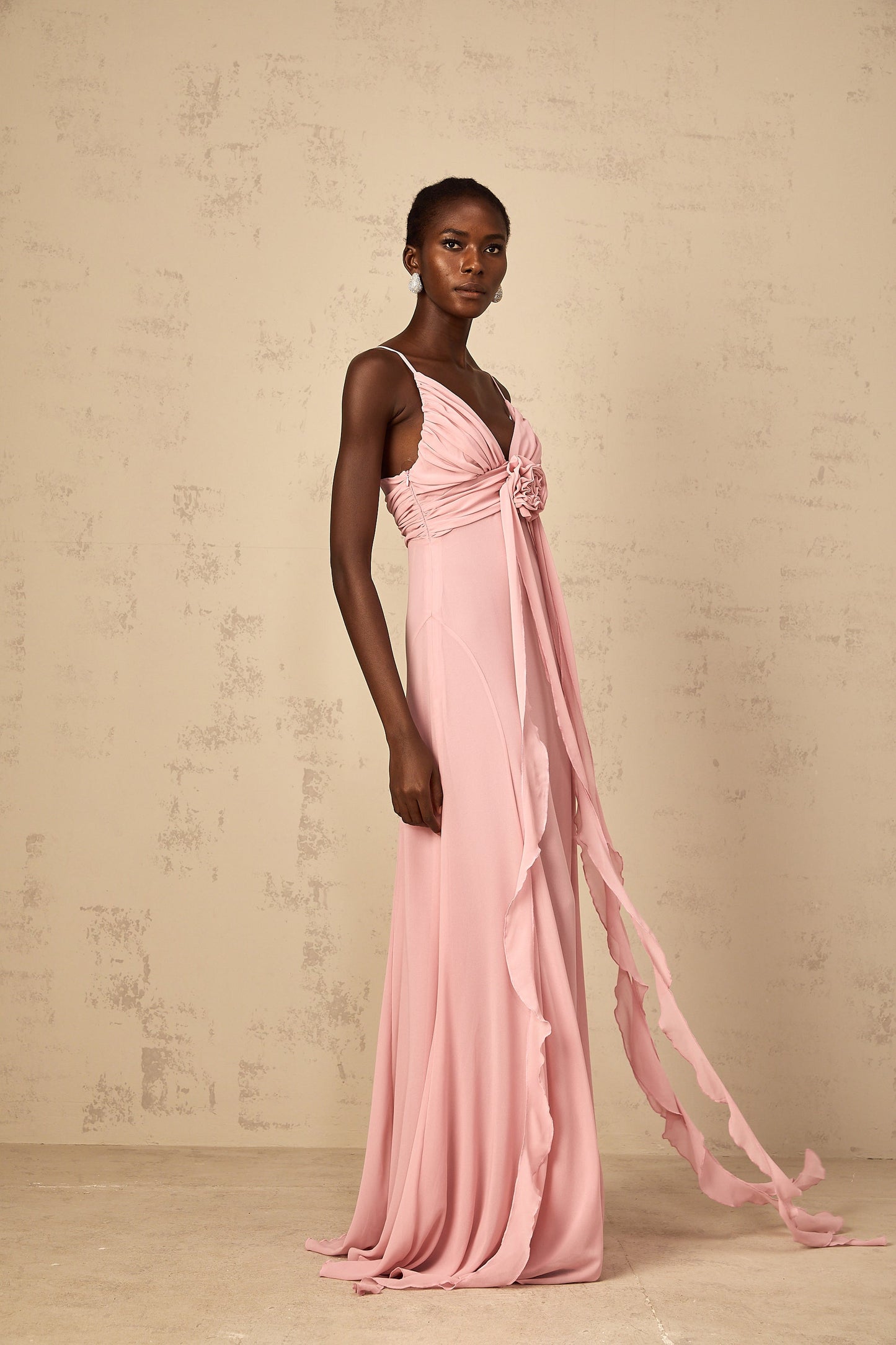 Ysandre Soft-Pembe 3D Petal Tül Uzun Elbise