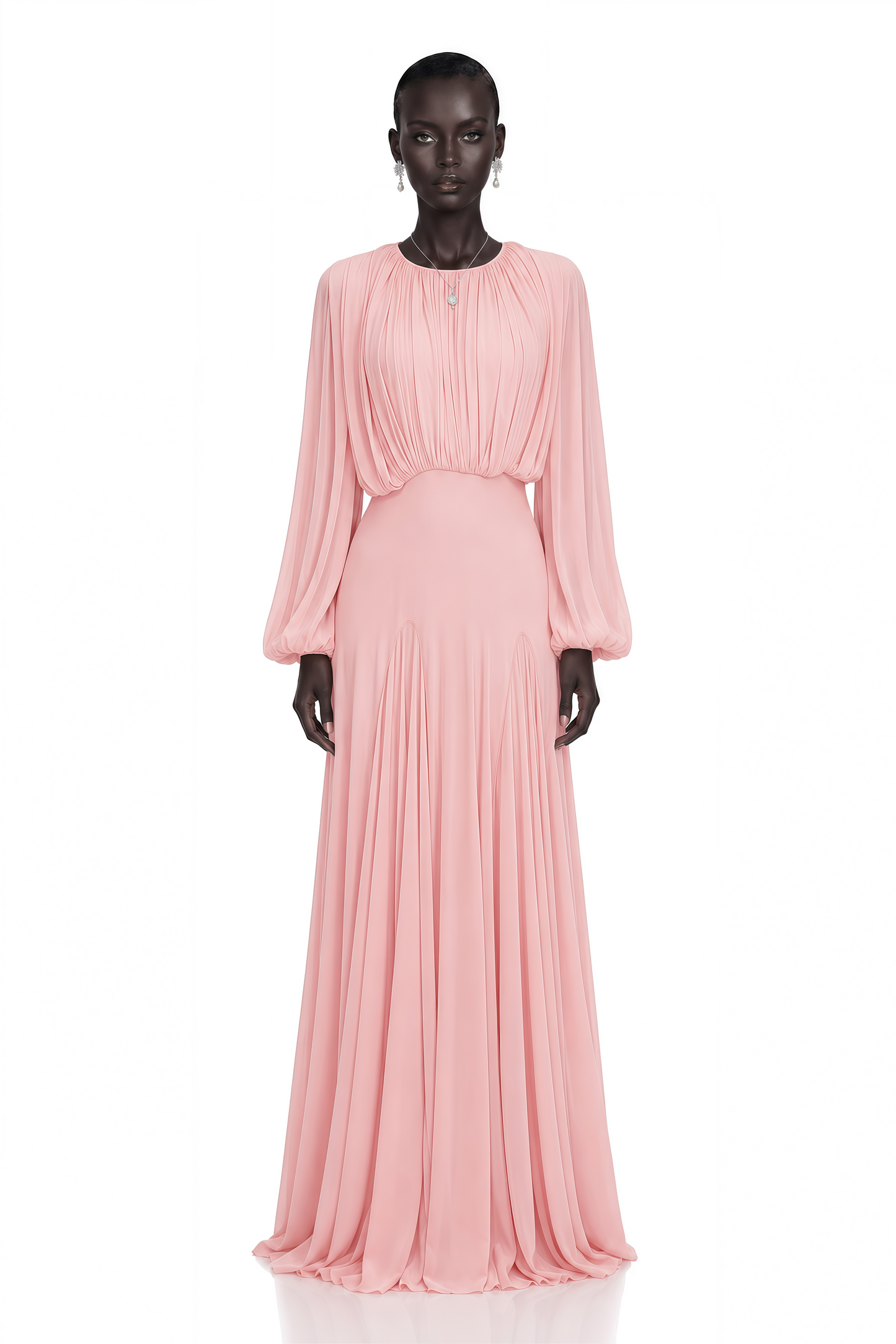 Annabelle Pink Lantern Sleeve Pleated Maxi Dress