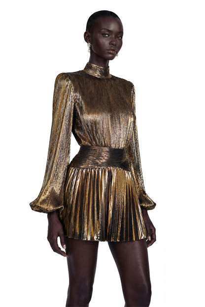 Dineo Antique Gold High Neck Pleated Mini Dress