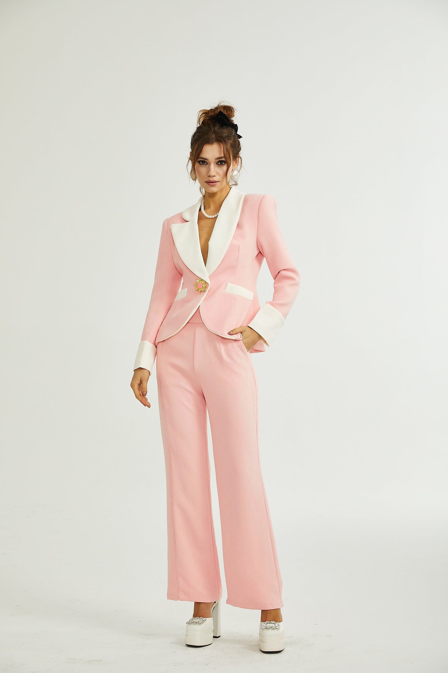 Claretta renk bloklu blazer ve pantolon uyumlu takım