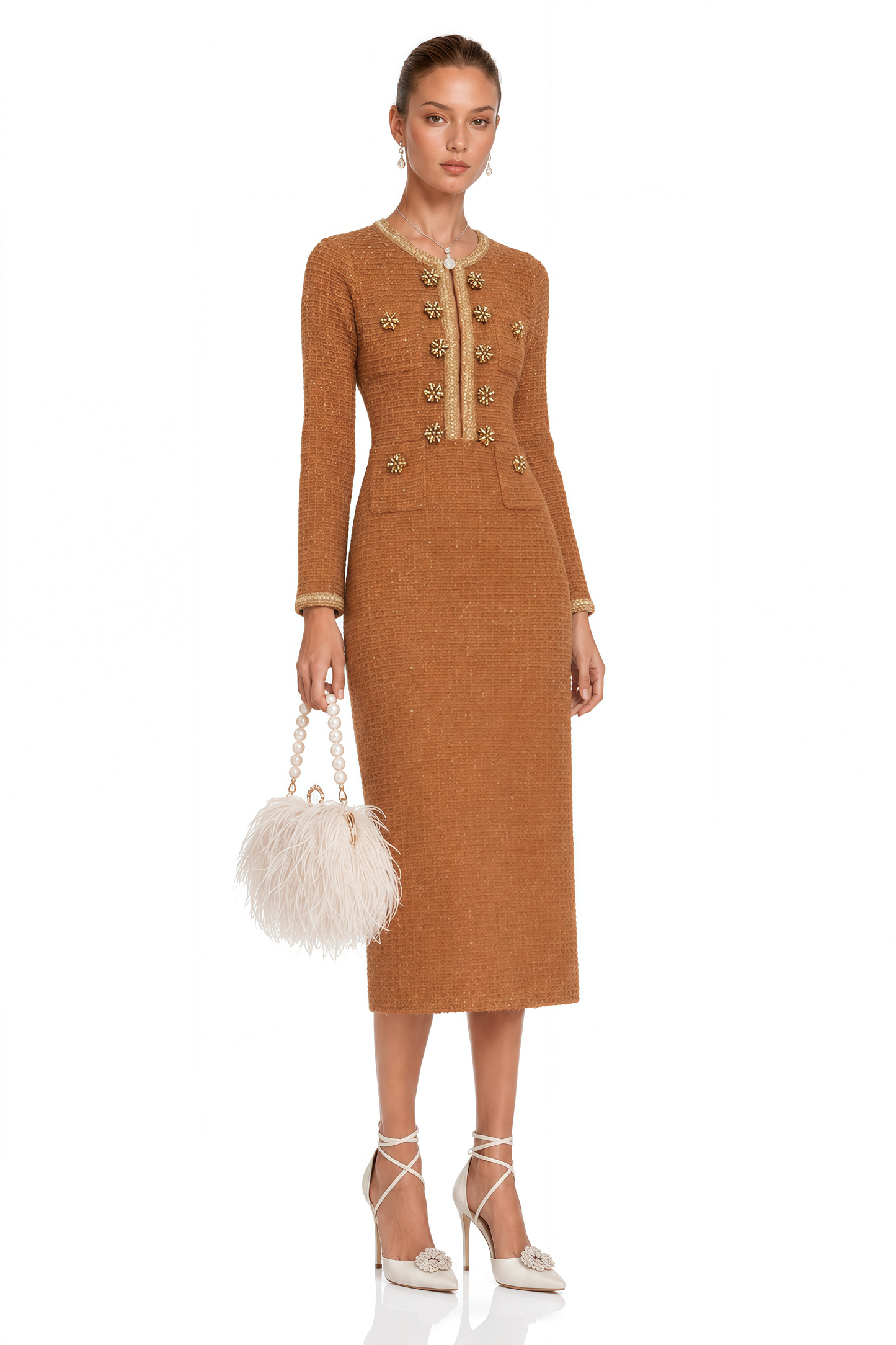 Epona Brown Braided-Edge Tweed Dress