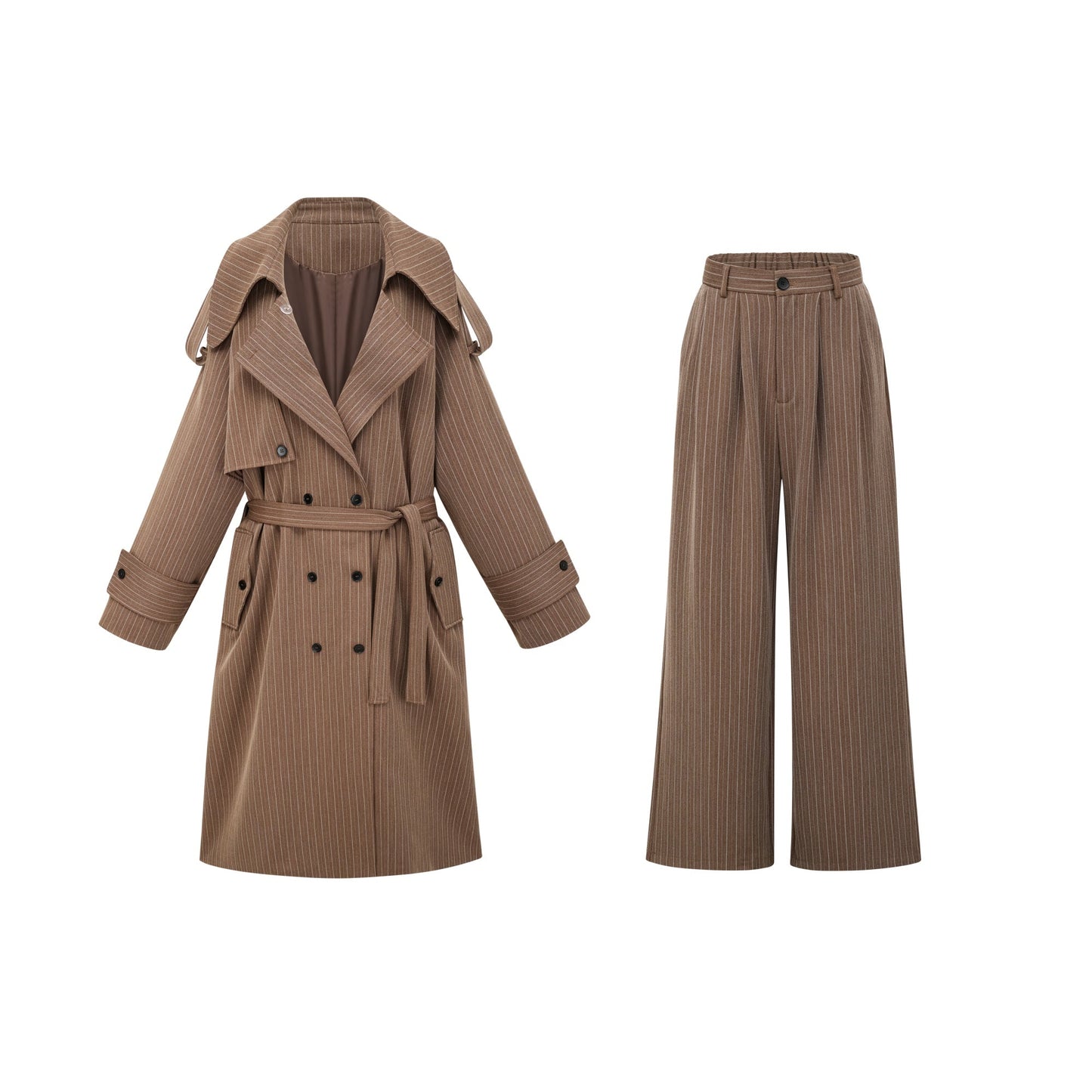 Clémence Brown Striped Trench Coat & Trousers Set