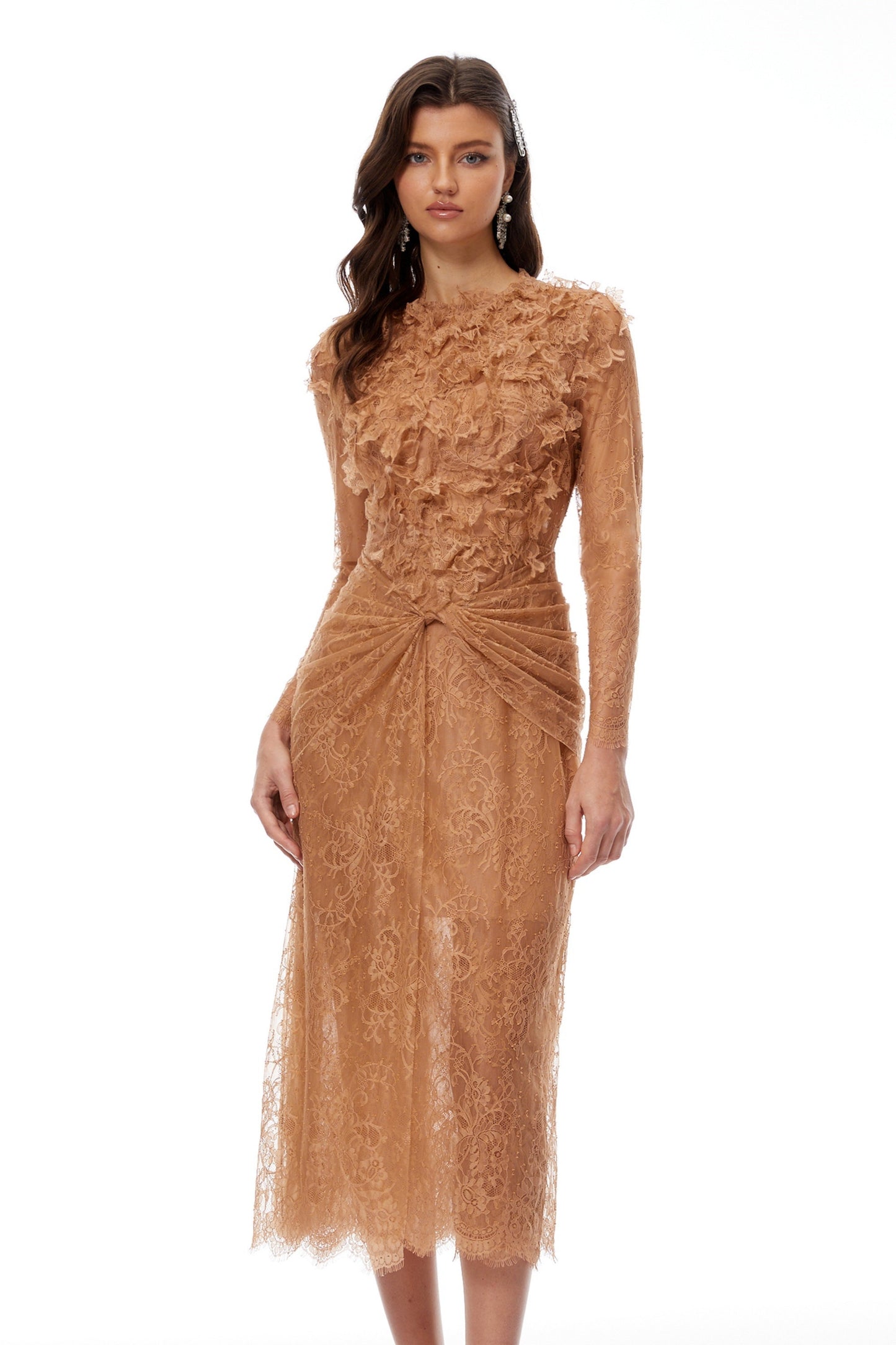 Hadley Caramel Twisted Floral Lace Midi Dress