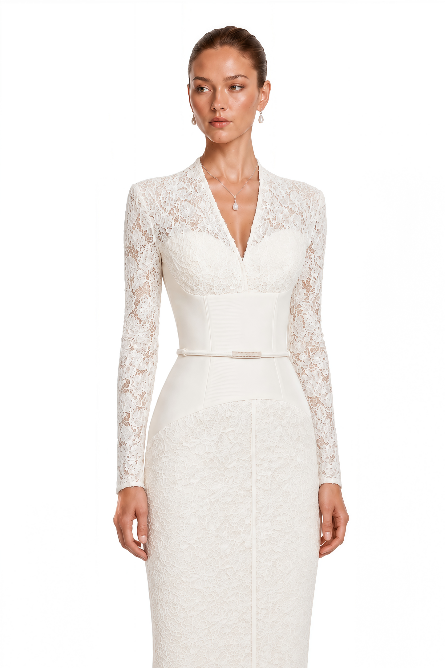 Oona White Floral Lace Pencil Midi Dress
