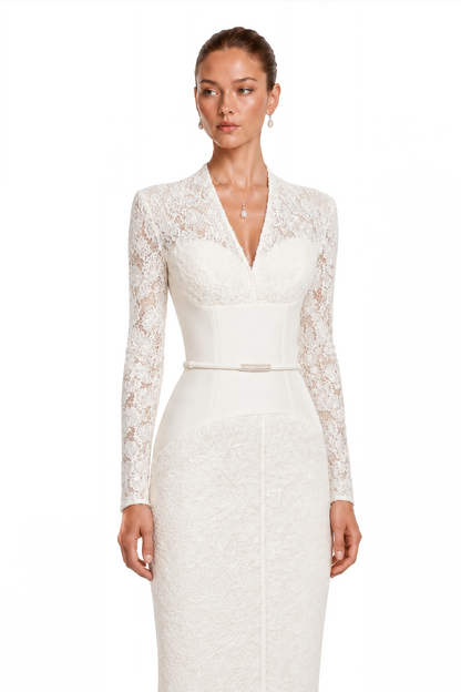 Oona White Floral Lace Pencil Midi Dress