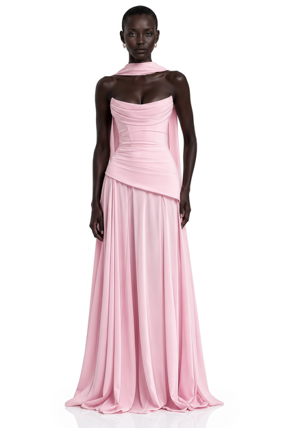 Romane Pink Strapless Corset Chiffon Maxi Dress
