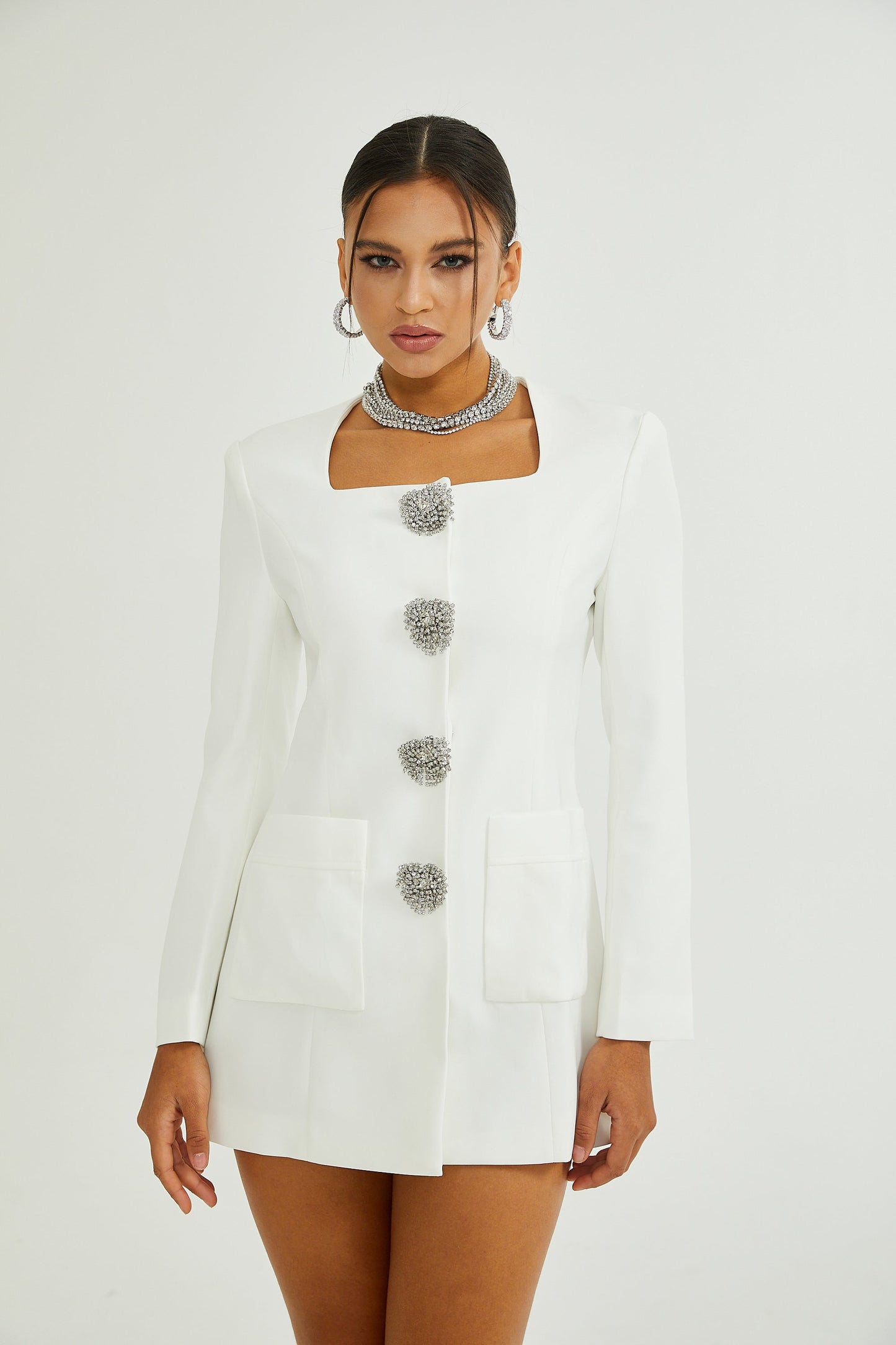 Fionnghuala Beyaz Kristal İşlemeli Mini Elbise