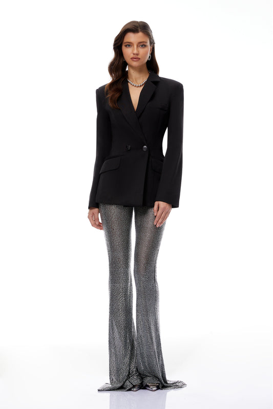 Edda Black Double-Breasted Blazer & Rhinestone Trousers Set
