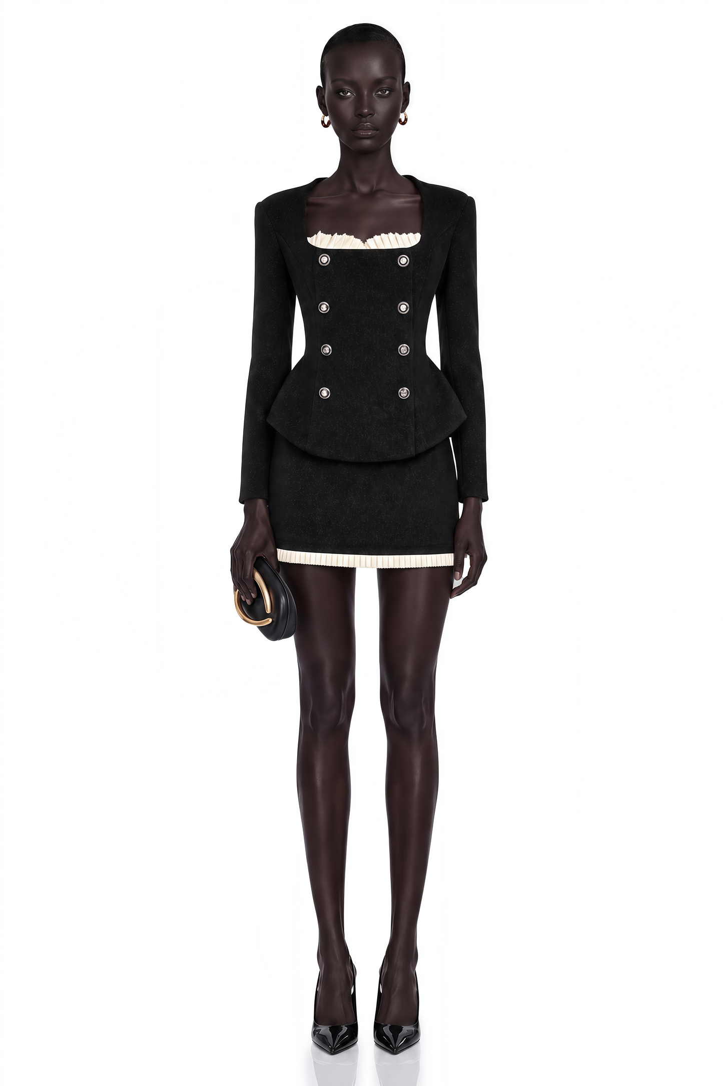 Hilaire Black Corduroy Paneled Jacket & Skirt Matching Set
