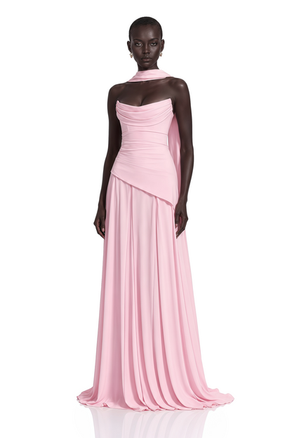 Romane Pink Strapless Corset Chiffon Maxi Dress