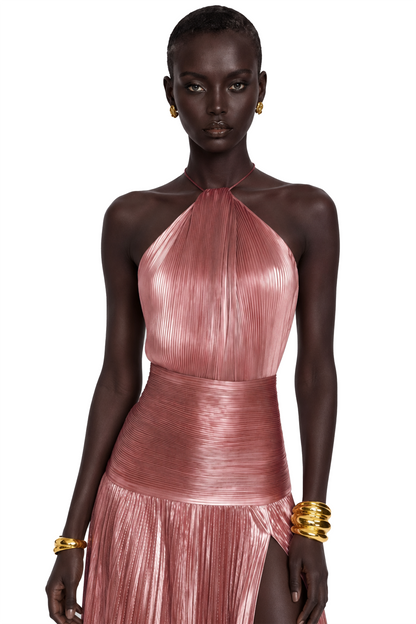 Alchimie Pink Glossy Pleated Maxi Dress