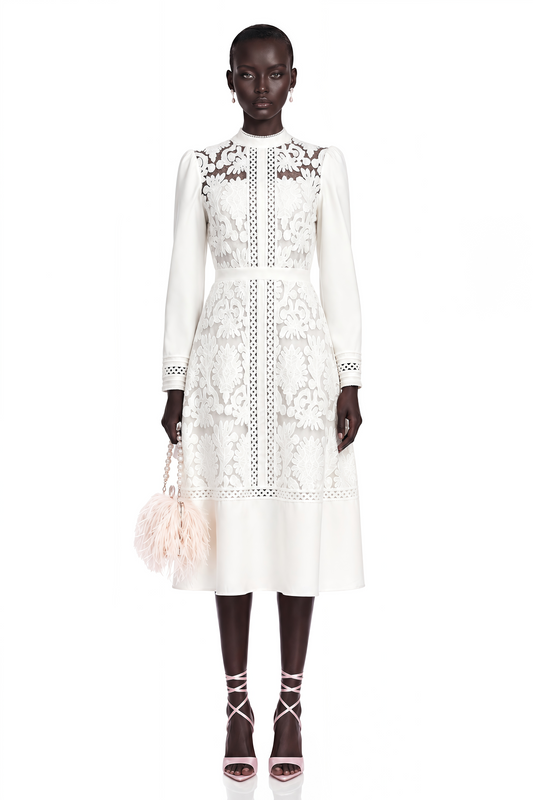 Madeleine White Paneled Embroidered Midi Dress