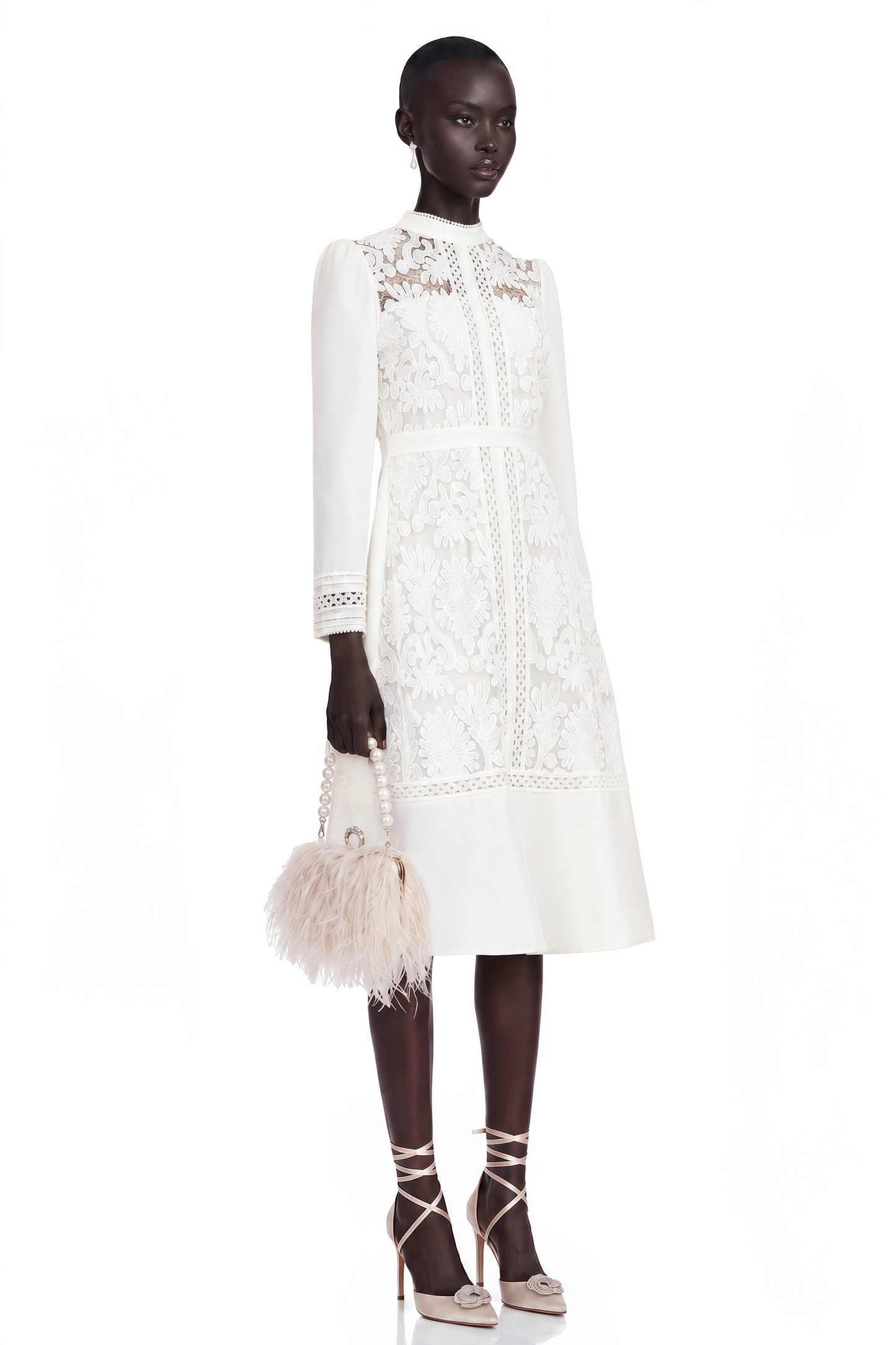 Madeleine White Paneled Embroidered Midi Dress