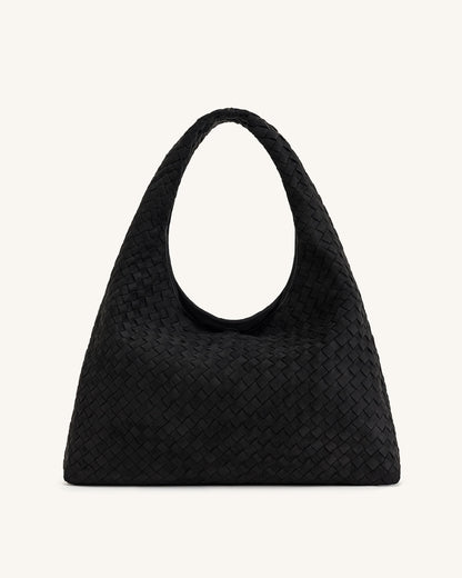 Laura Faux Suede Woven Shoulder Bag - Black