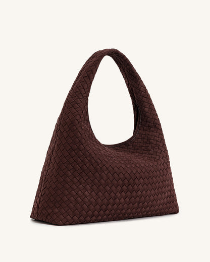 Laura Faux Suede Woven Shoulder Bag - Dark Brown