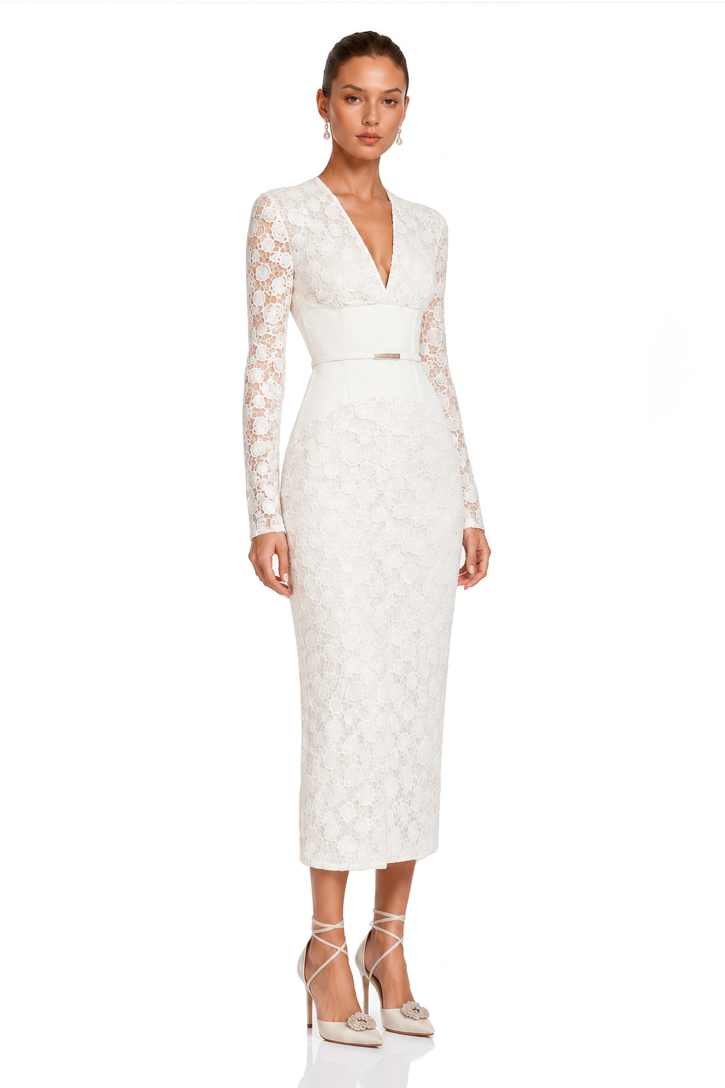 Oona White Floral Lace Pencil Midi Dress