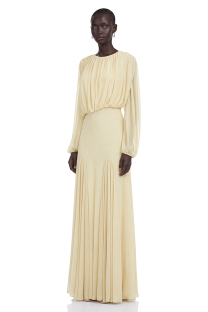 Annabelle Yellow Lantern Sleeve Pleated Maxi Dress