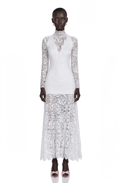 Airelle White Satin Panel Lace Maxi Dress