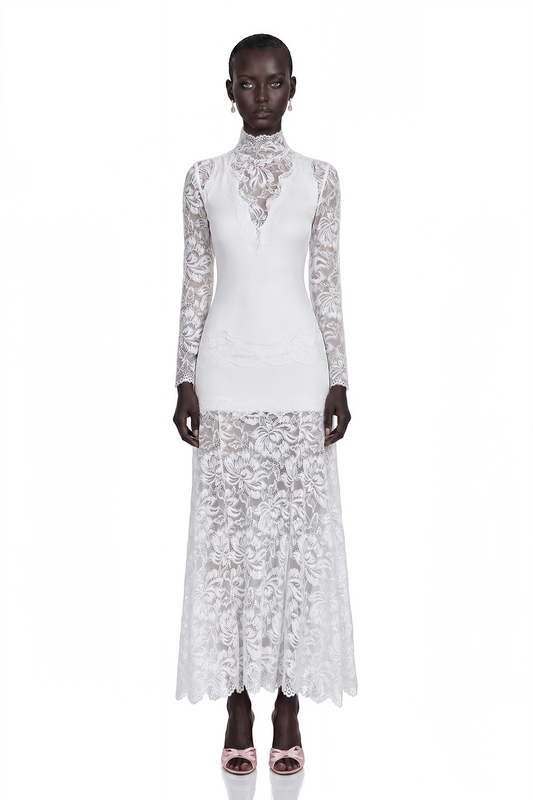 Airelle Beyaz Saten Panel Dantelli Maxi Elbise